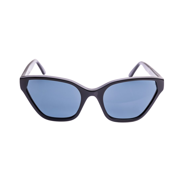 This handmade designer cat eye shaped eyewear is made using premium italian jet black high gloss acetate. The lenses have a midnight blue solid tint.