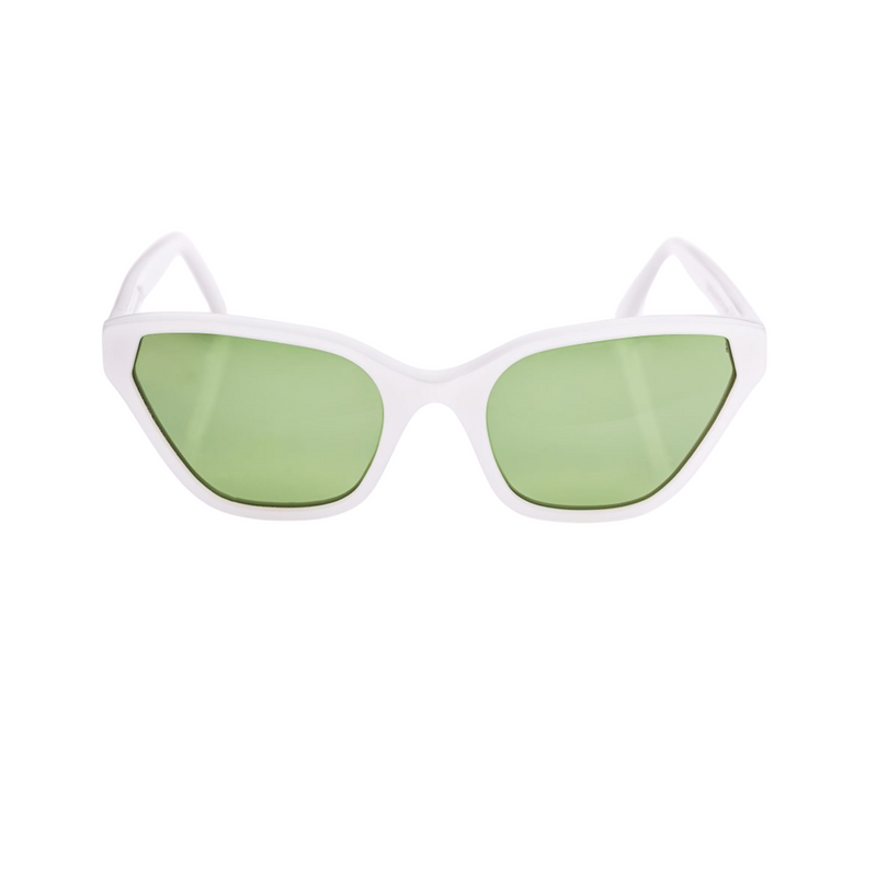 This handmade designer cat eye shaped eyewear is made using premium italian white pearlescent high gloss acetate. The lenses have a bright olive green solid tint.