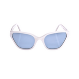 This handmade designer cat eye shaped eyewear is made using premium italian white pearlescent high gloss acetate. The lenses have a sky blue solid tint.