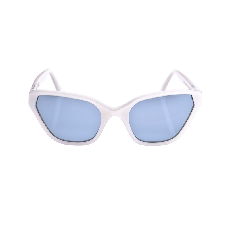 This handmade designer cat eye shaped eyewear is made using premium italian white pearlescent high gloss acetate. The lenses have a sky blue solid tint.