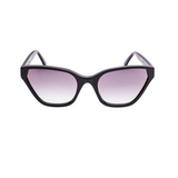 This handmade designer cat eye shaped eyewear is made using premium italian jet black high gloss acetate. The lenses have a graduating dark lavendar solid tint.