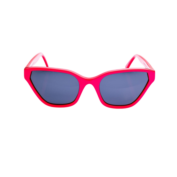 This handmade designer cat eye shaped eyewear is made using premium italian red pearlescent high gloss acetate. The lenses have a smokey blue gray solid tint.