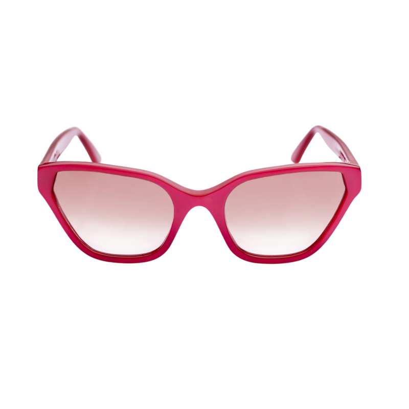 This handmade designer cat eye shaped eyewear is made using premium italian red pearlescent high gloss acetate. The lenses have a graduated rose blush tint.