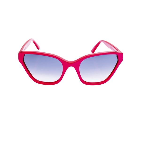This handmade designer cat eye shaped eyewear is made using premium italian red pearlescent high gloss acetate. The lenses have a graduated midnight blue tint.