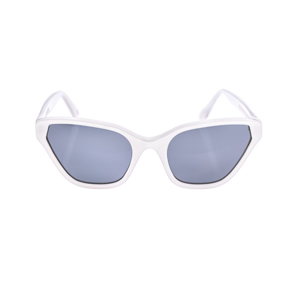 This handmade designer cat eye shaped eyewear is made using premium italian white pearlescent high gloss acetate. The lenses have a smokey blue gray solid tint.