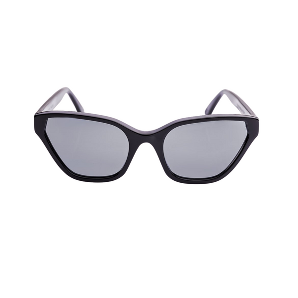 This handmade designer cat eye shaped eyewear is made using premium italian jet black high gloss acetate.  The lenses have a smokey gray solid tint.